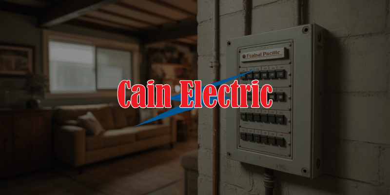 Older Missouri basement with Federal Pacific Stab-Lok electrical panel creating potential fire hazard and breaker failure risk in Washington MO home