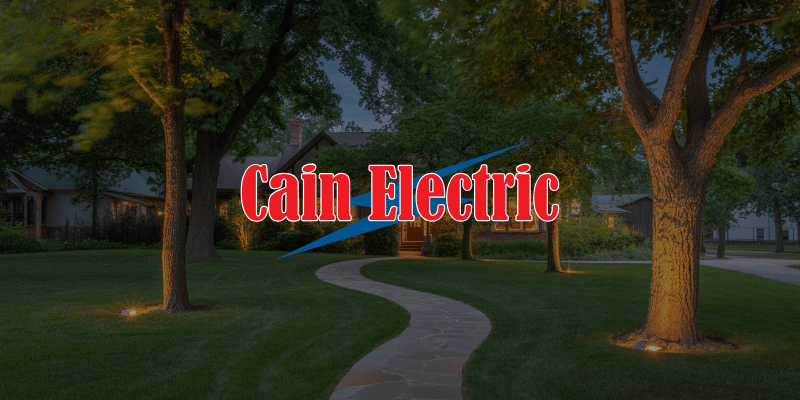 Evening landscape lighting illuminating walkway and trees at Pacific MO home in Franklin County enhancing curb appeal and outdoor safety