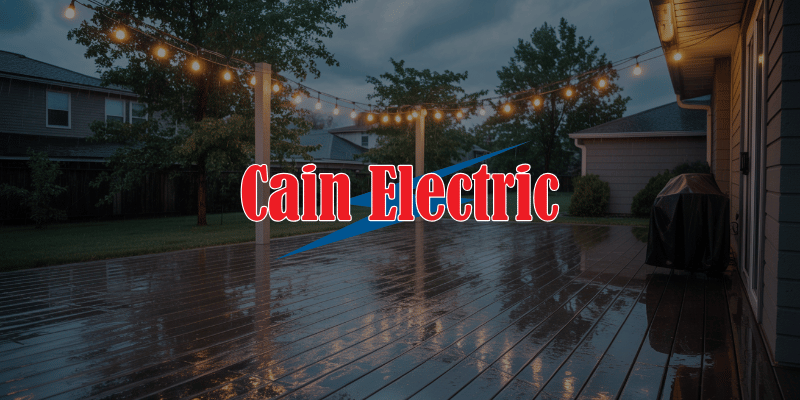 Back patio in Eureka MO after heavy rain with outdoor string lights not turning on due to moisture affecting exterior outlet in Franklin County home