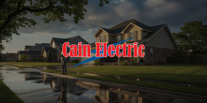 Franklin County MO home after thunderstorm with dark clouds clearing and homeowner checking appliances for power surge damage