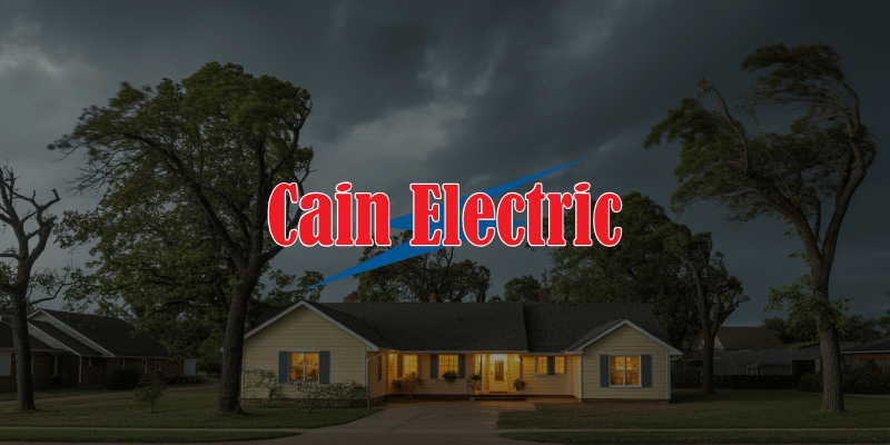 Pacific MO home under dark tornado season sky with storm clouds approaching and exterior lights on highlighting electrical safety preparation in Franklin County