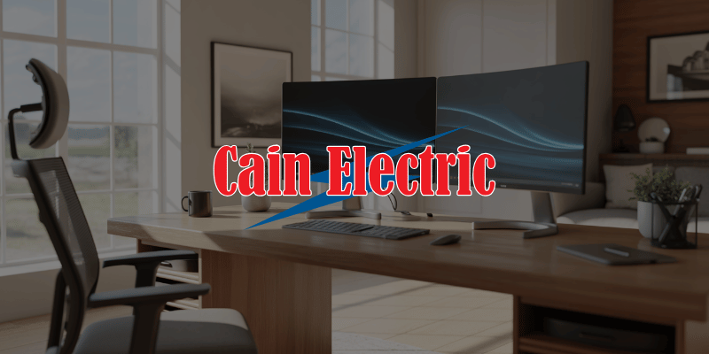 Modern home office setup in Pacific MO with dual monitors, printer, and desk lighting requiring dedicated electrical circuit in Franklin County home